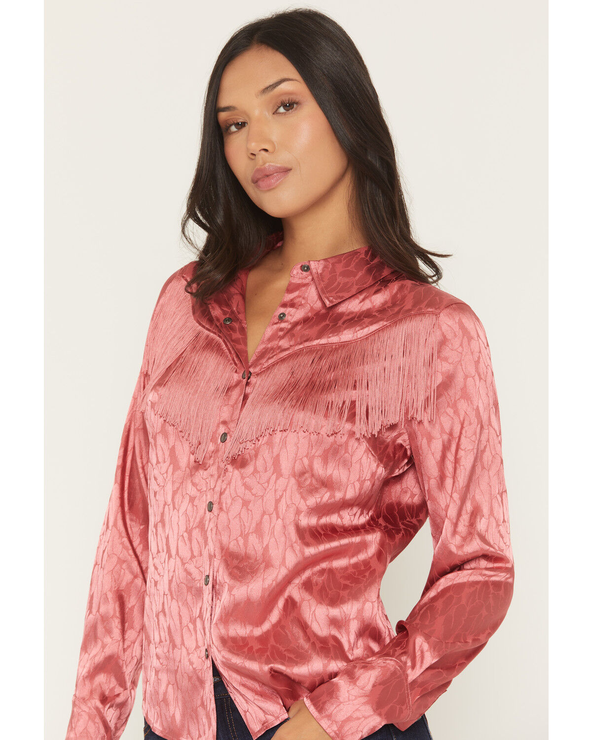 Image #2 - Shyanne Women's Roberta Long Sleeve Fringe Satin Button-Down Western Shirt, Dark Pink, hi-res