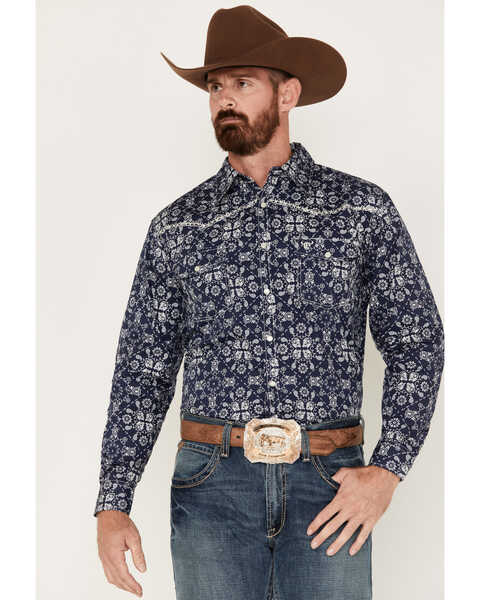 Image #1 - Cowboy Hardware Men's Bandana Print Long Sleeve Pearl Snap Western Shirt, Navy, hi-res