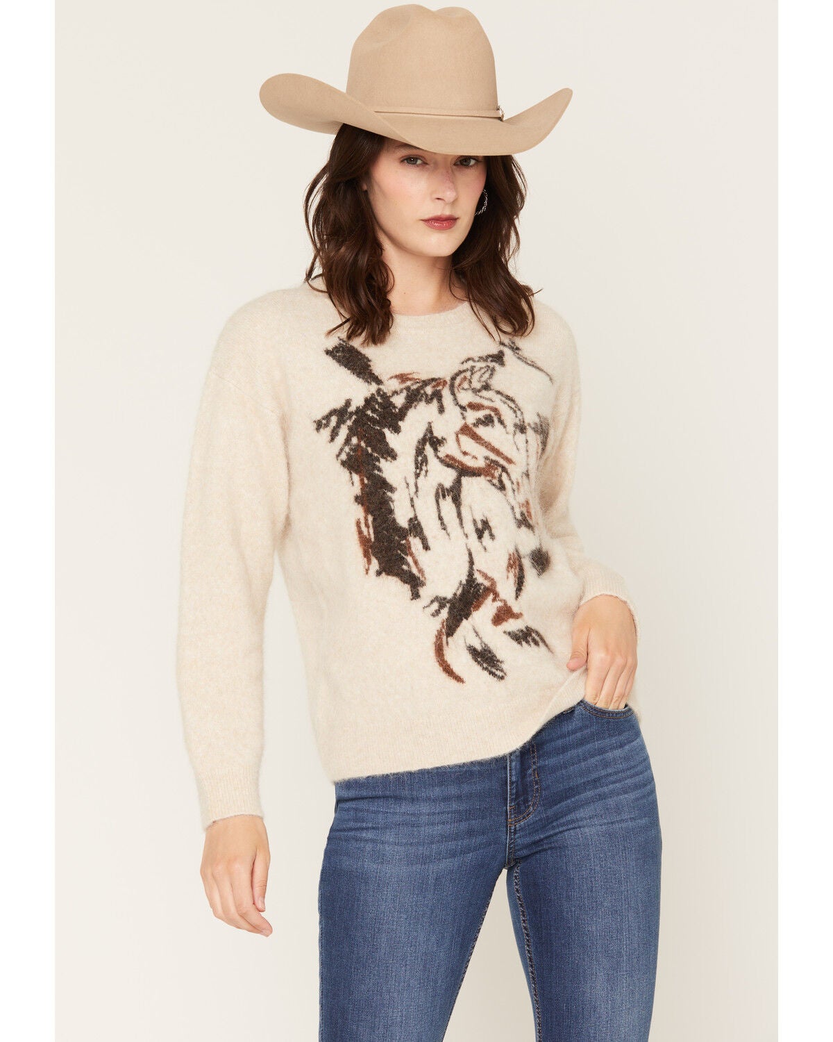 Shyanne Women's Sparks Fuzzy Horse Icon Sweater, Khaki, hi-res