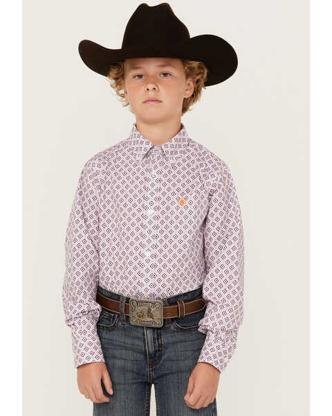 Image #1 - Ariat Boys' Merrick Print Classic Fit Long Sleeve Button Down Western Shirt, Light Purple, hi-res
