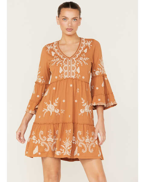 Johnny Was Women's Arzella Floral Embroidered Knit Easy Tiered Dress, Rust Copper, hi-res