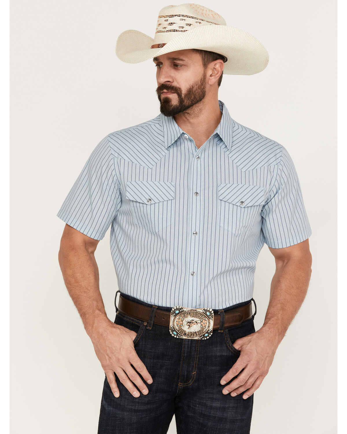 Image #1 - Gibson Men's Wildcat Striped Short Sleeve Western Snap Shirt, , hi-res