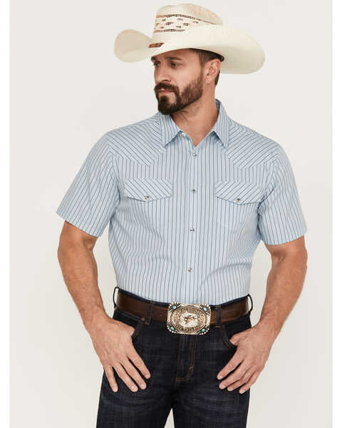 Gibson Men's Wildcat Striped Short Sleeve Western Snap Shirt, Steel, hi-res