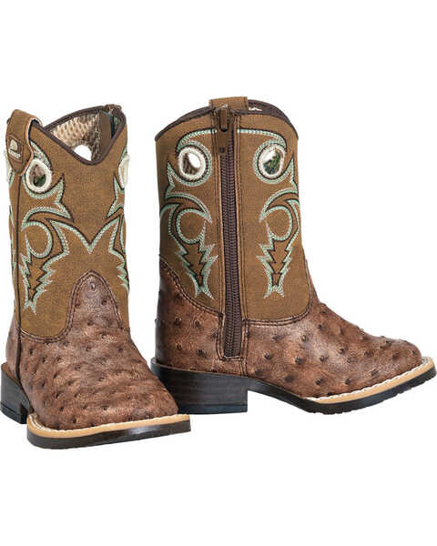 Image #1 - Double Barrel Toddler Boys' Brant Ostrich Print Boots - Square Toe, Brown, hi-res
