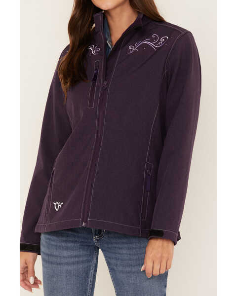 Image #3 - Cowgirl Hardware Women's Filigree Embroidered Emblem Softshell Jacket, Purple, hi-res