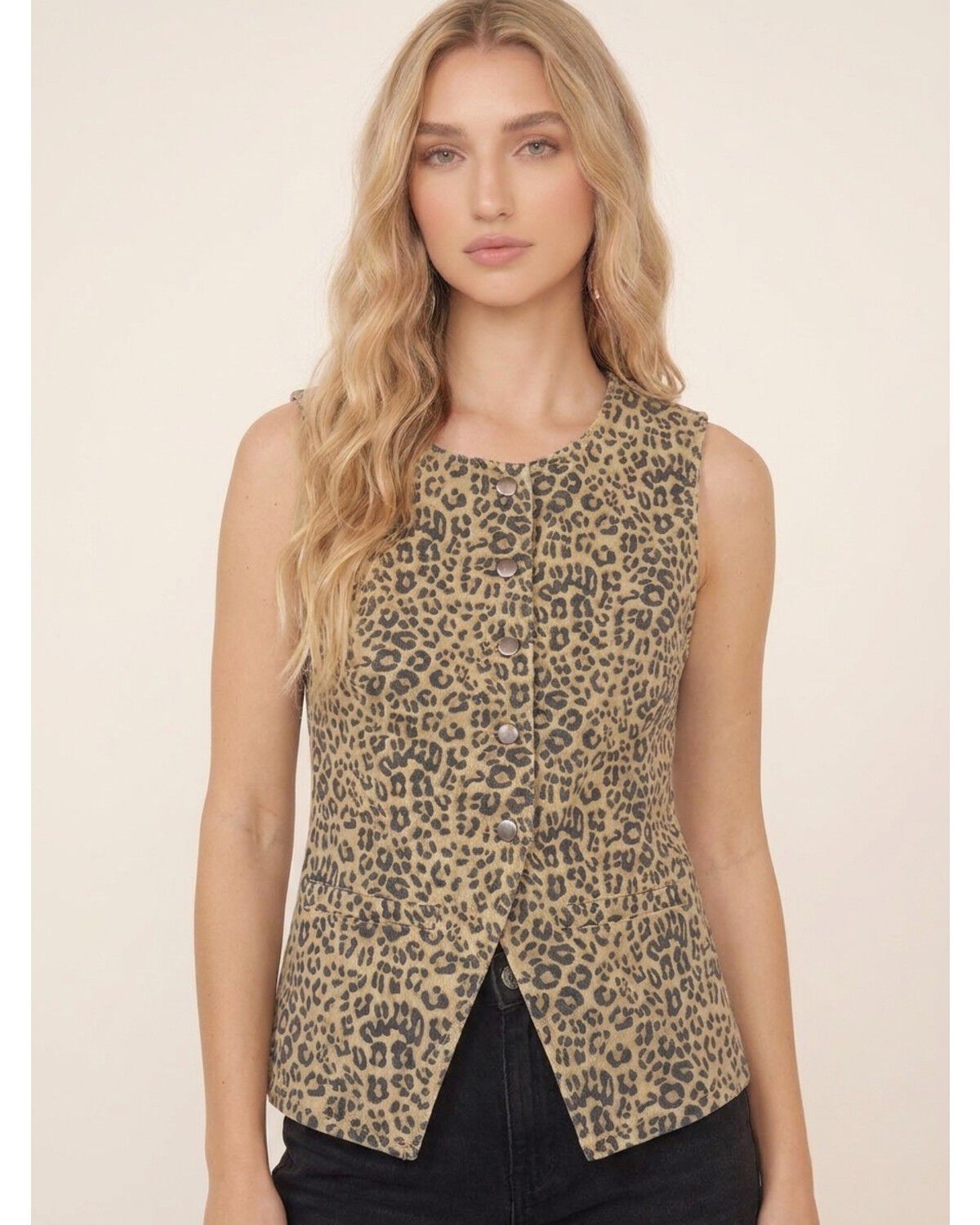Image #1 - Bona Women's Leopard Print Denim Snap Top, Brown, hi-res