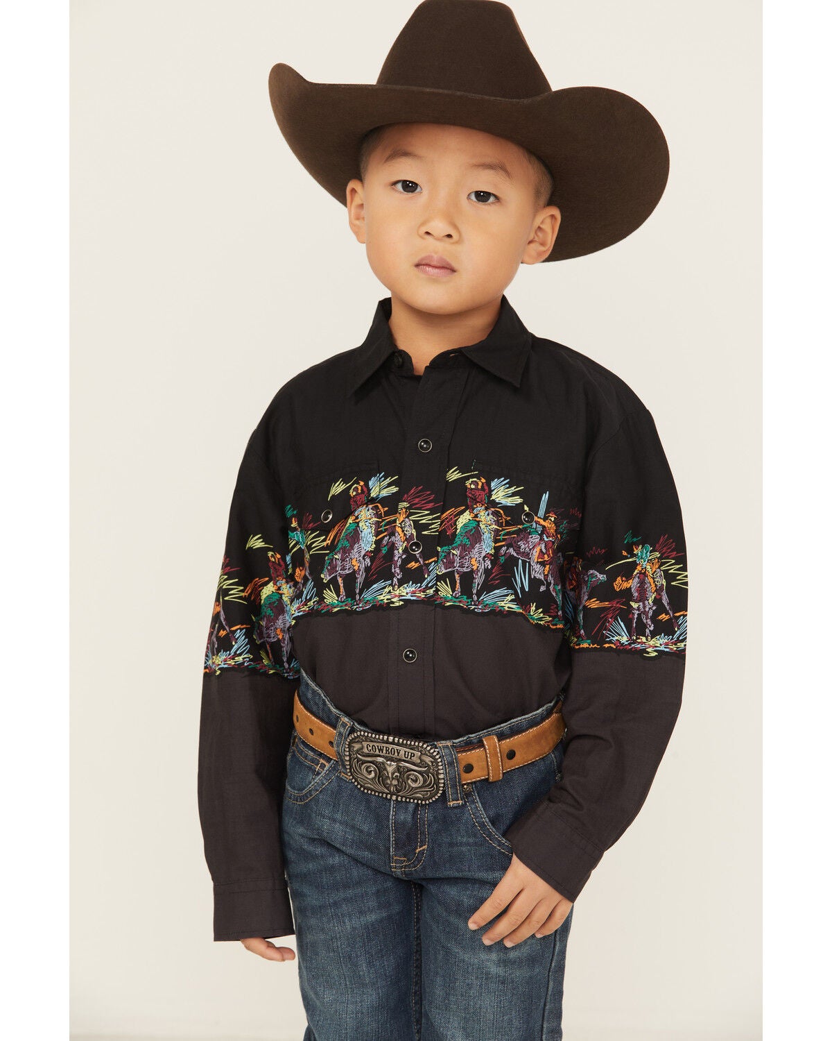 Roper Boys' Striped Border Print Long Sleeve Snap Western Shirt, Black, hi-res