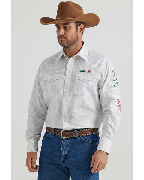 Image #1 - Wrangler Men's Mexico Logo Geo Print Long Sleeve Snap Western Shirt, White, hi-res