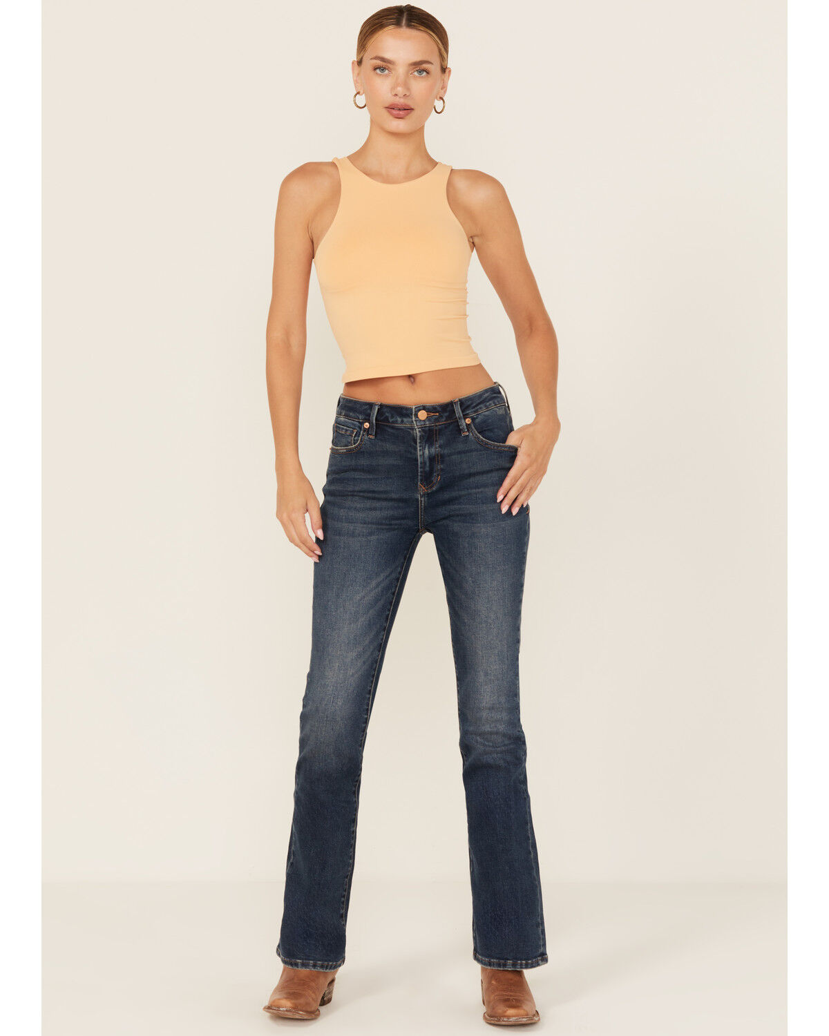 Image #1 - Dear John Women's Jaxtyn Dark Wash Mid Rise Bootcut Stretch Denim Jeans, Dark Wash, hi-res