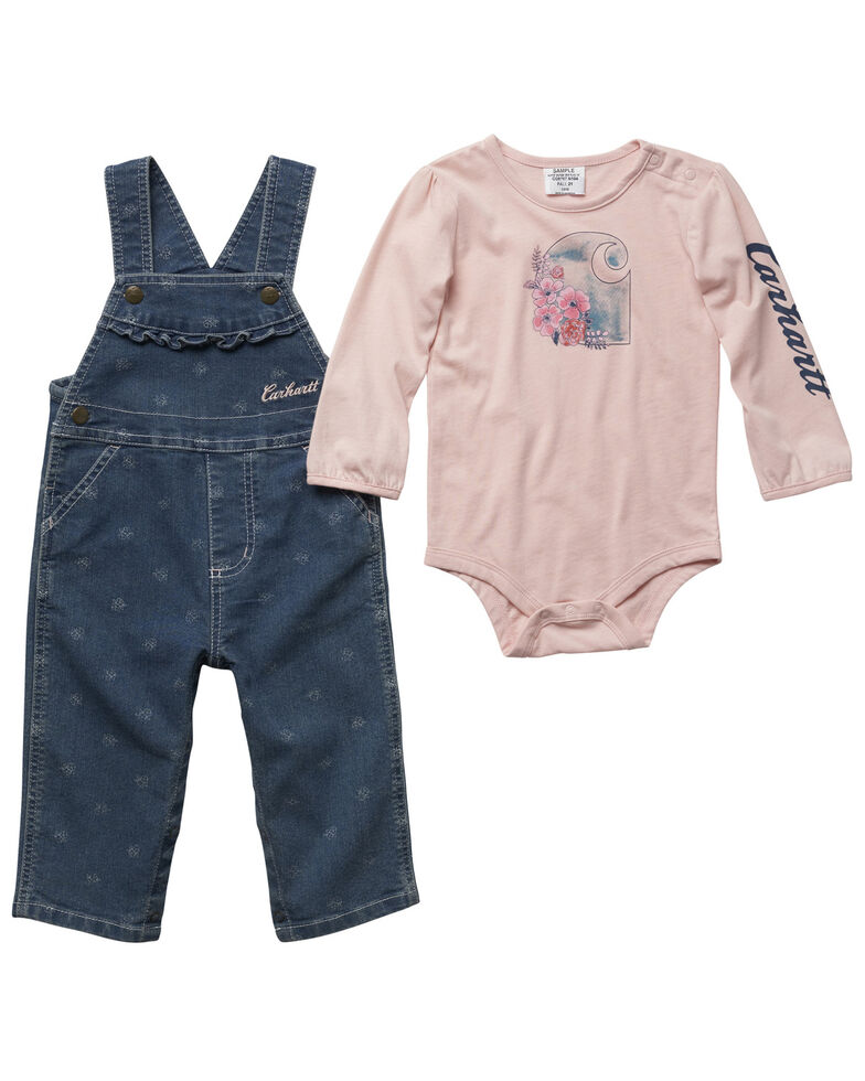 Carhartt Infant Girls' Pink Logo Onesie & Denim Overalls Set, Medium Blue, hi-res