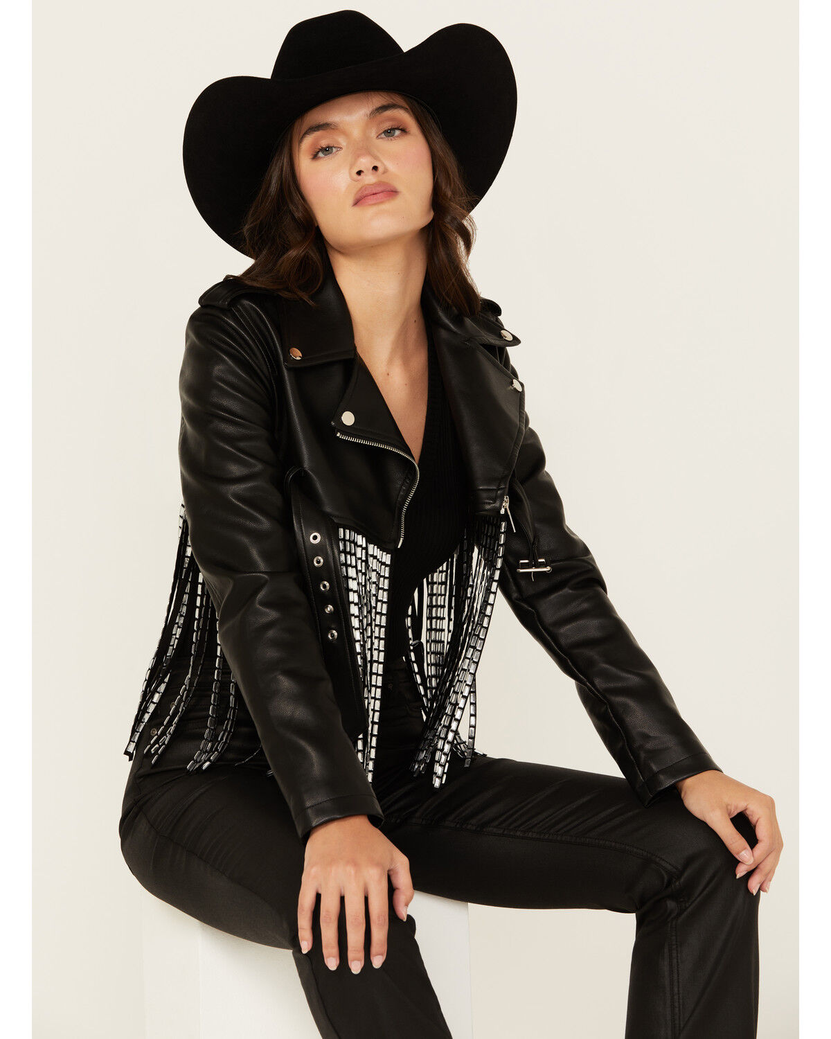 Image #2 - Azalea Wang Women's Jette Cropped Fringe Moto Jacket, Black, hi-res