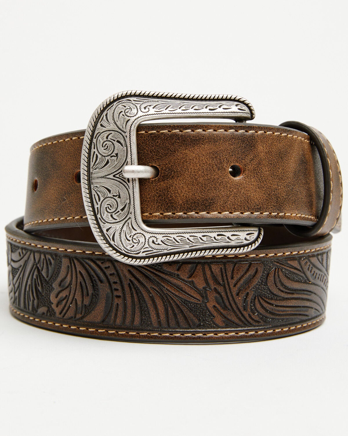 Cody James Boys' Concho Tooled Belt, Dark Brown, hi-res