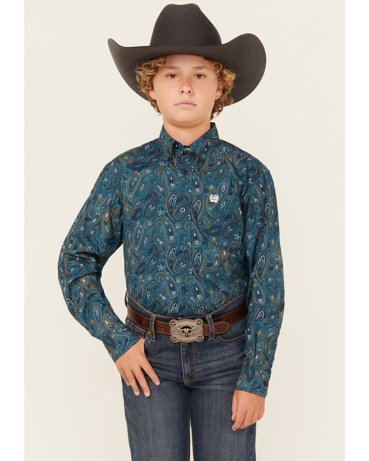 Cinch Boys' Paisley Print Long Sleeve Button-Down Western Shirt, Blue, hi-res
