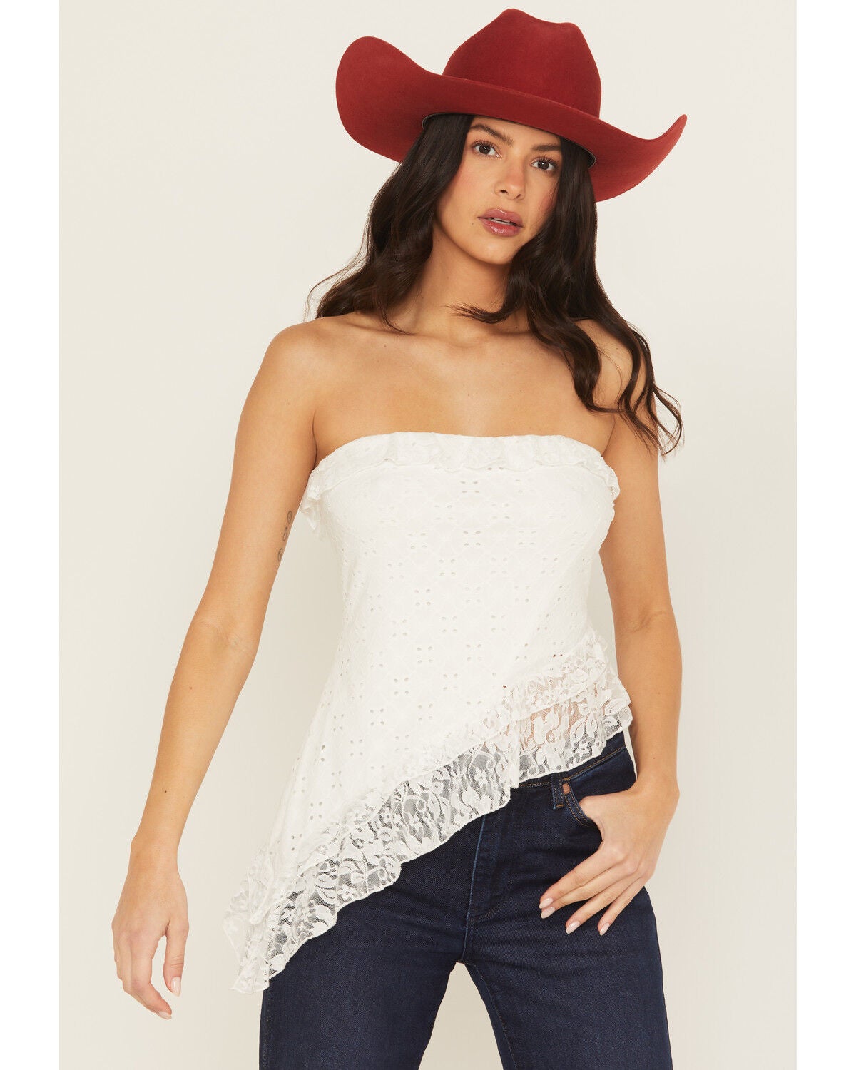 Image #1 - Originality Women's Eyelet Asymmetrical Strapless Top, White, hi-res