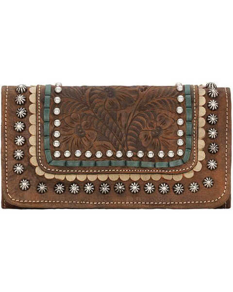 American West Women's Brown Tri-Fold Leather Wallet , Distressed Brown, hi-res