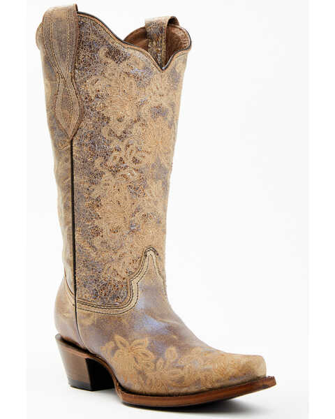 Circle G Women's Brown Floral Embroidery Western Boots - Snip Toe, Brown, hi-res