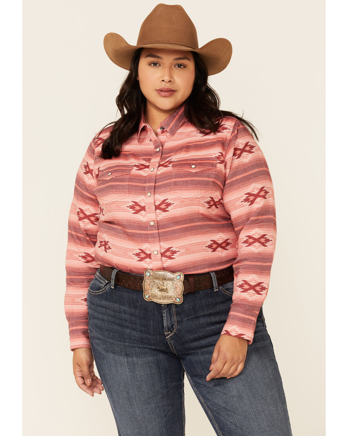 Image #1 - Ariat Women's Adorable Serape Print Long Sleeve Snap Western Core Shirt - Plus, Red, hi-res