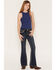 Image #3 - Grace in LA Girls' Dark Wash Steer Head Pocket Flare Stretch Denim Jeans, Dark Wash, hi-res