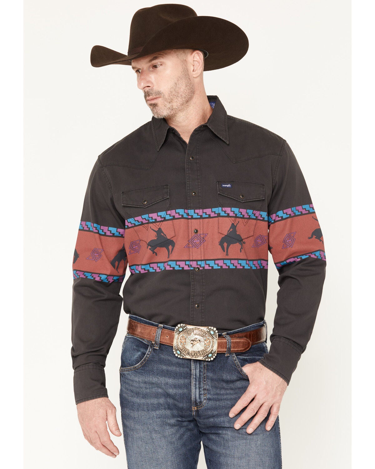 Wrangler Men's Horse Border Long Sleeve Snap Western Shirt, Black, hi-res