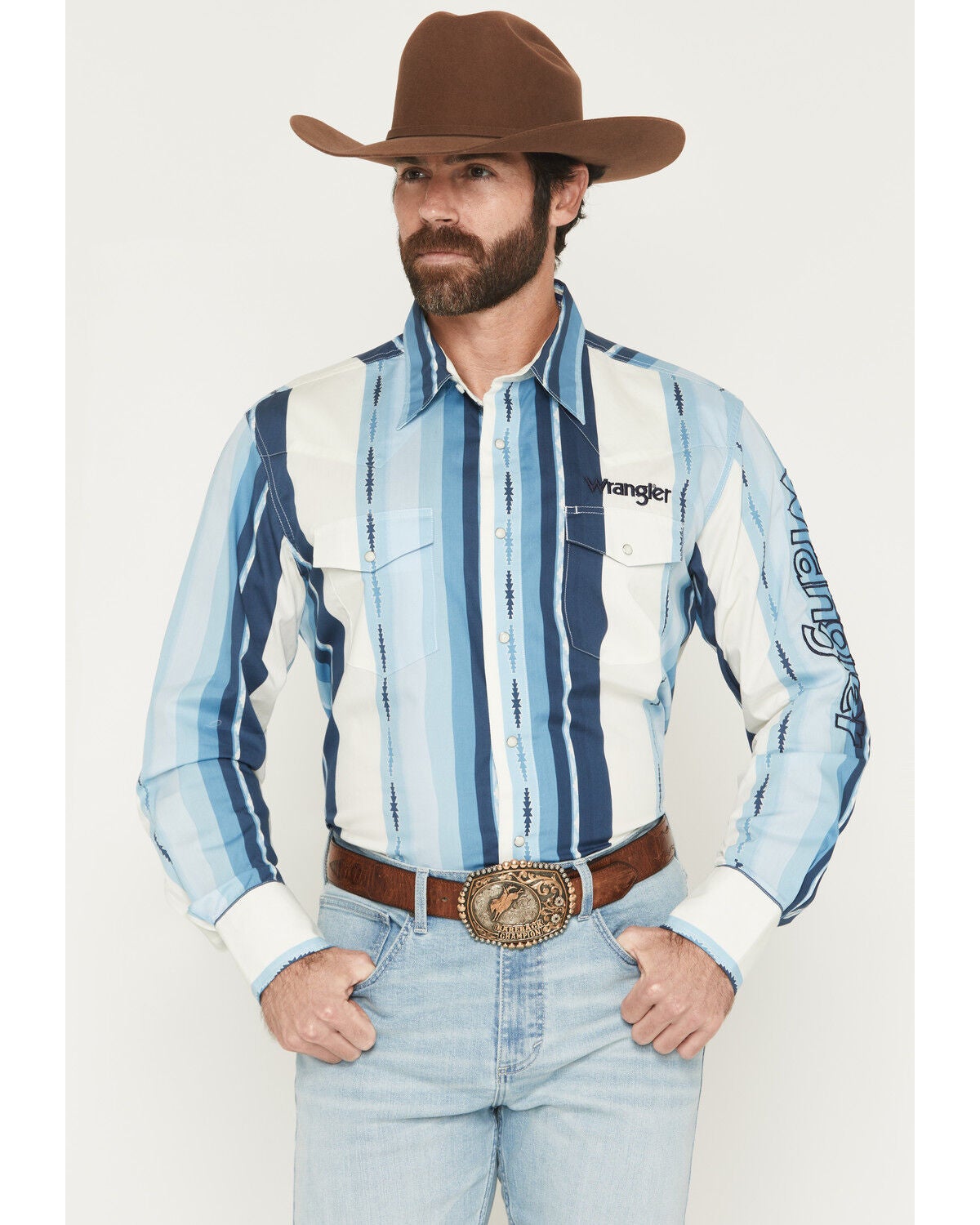 Image #1 - Wrangler Men's Logo Striped Long Sleeve Snap Western Shirt, Blue, hi-res