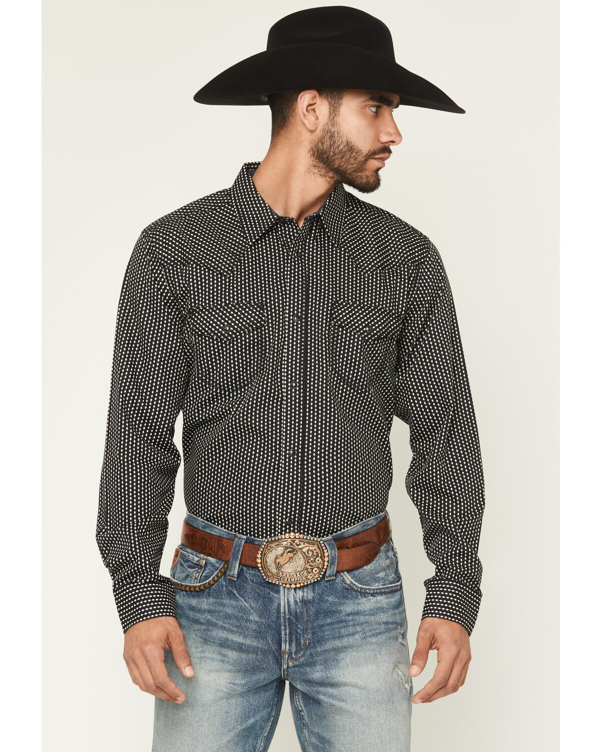 Image #1 - Moonshine Spirit Men's Side Stage Geo Print Long Sleeve Snap Western Shirt, Black, hi-res