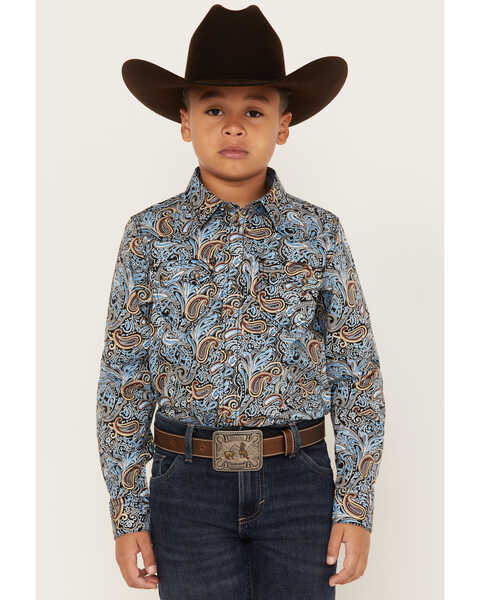 Image #1 - Cody James Boys' Paisley Print Long Sleeve Snap Western Shirt, Light Blue, hi-res