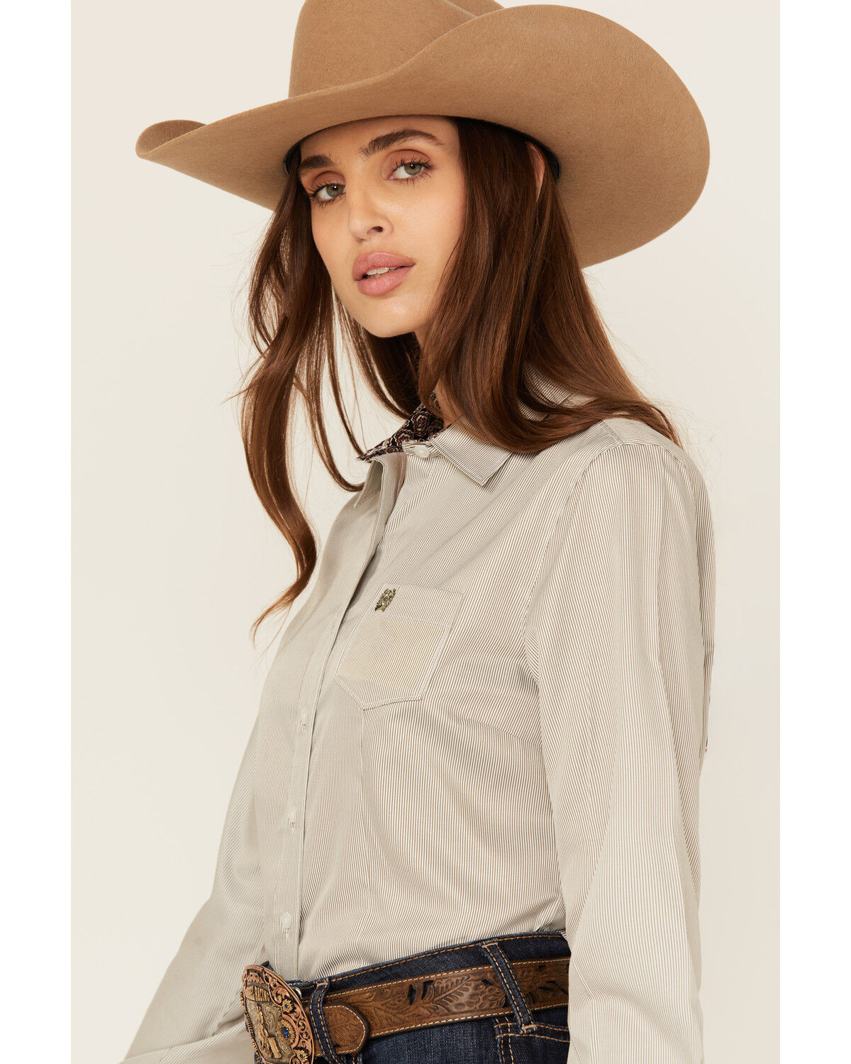 Image #2 - Cinch Women's Striped Long Sleeve Button-Down Western Shirt, Olive, hi-res