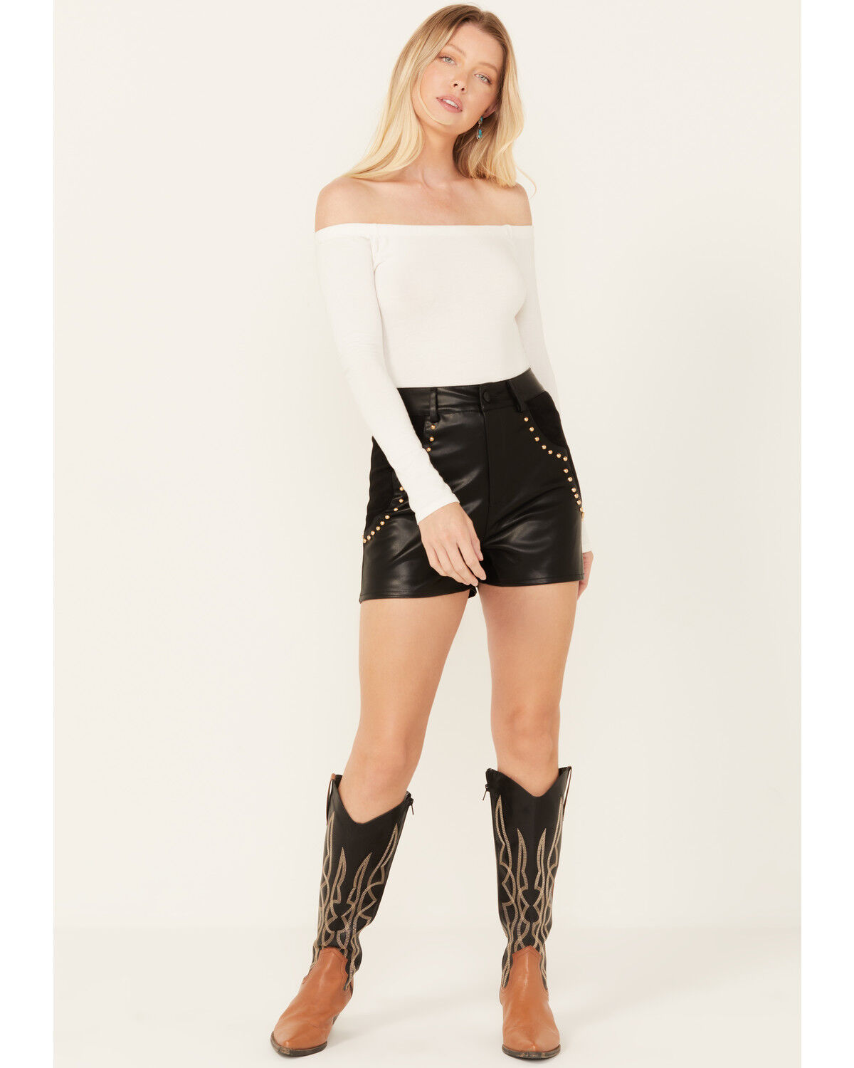 Image #1 - Blue B Women's High Rise Faux Leather Studded Shorts, Black, hi-res