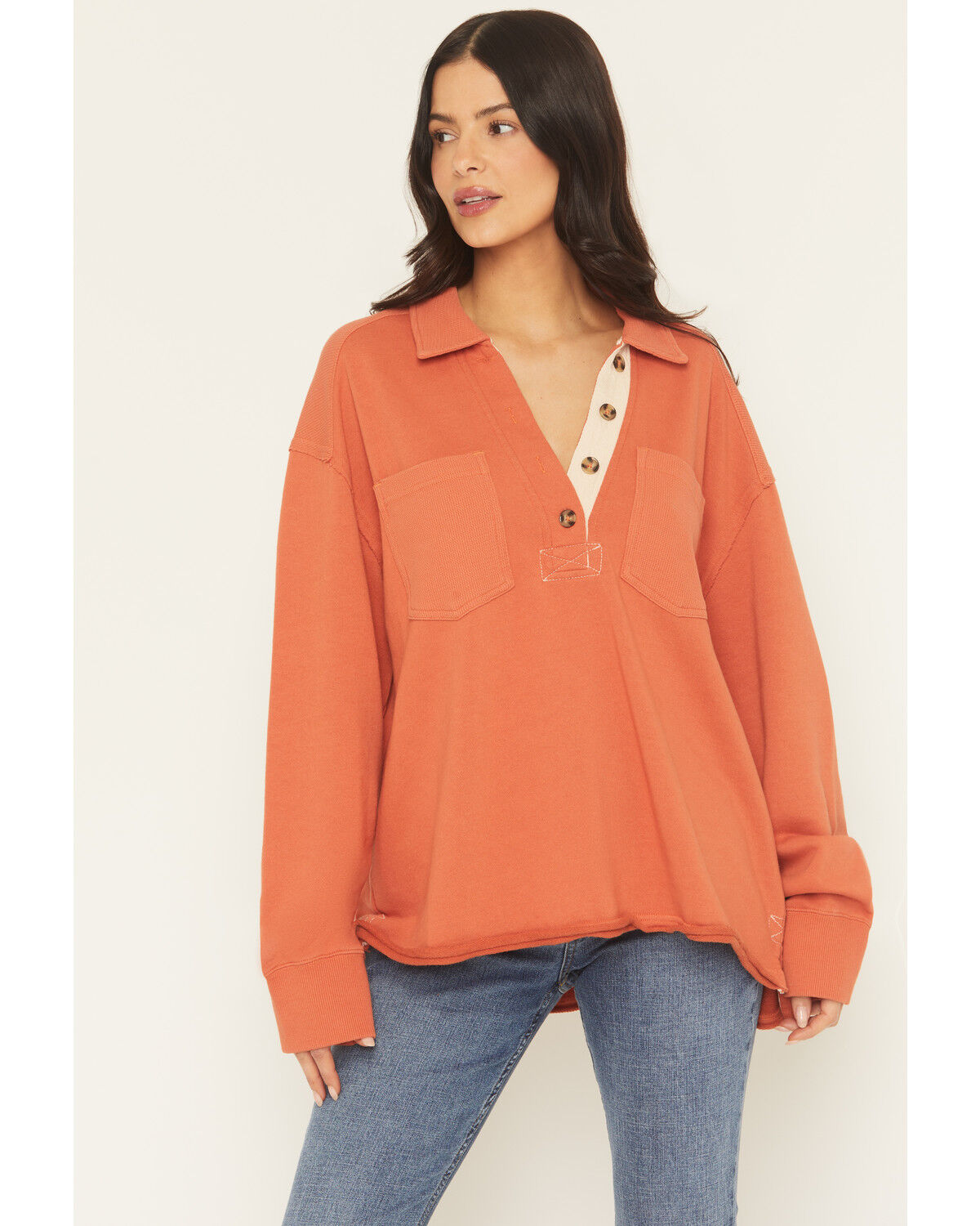 Image #1 - Cleo & Wolf Women's Solid French Terry Long Sleeve Quarter Button-Down Shirt, Orange, hi-res