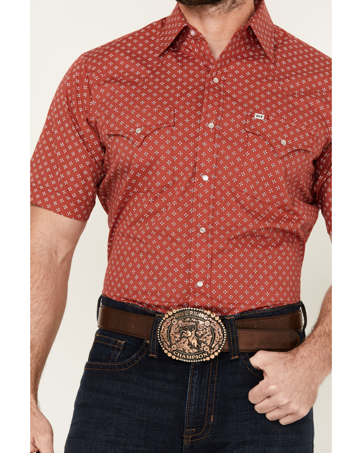 Image #3 - Ely Walker Men's Mini Bandana Geo Print Short Sleeve Snap Western Shirt, Red, hi-res