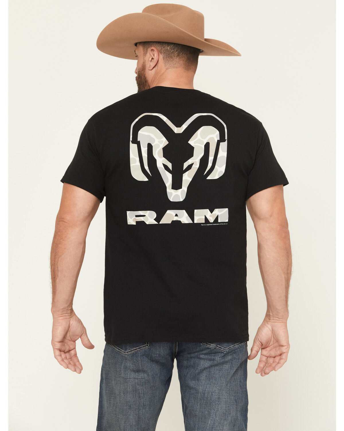 Image #1 - Buckwear Men's Ram Camo Print Logo Short Sleeve Graphic T-Shirt, Black, hi-res