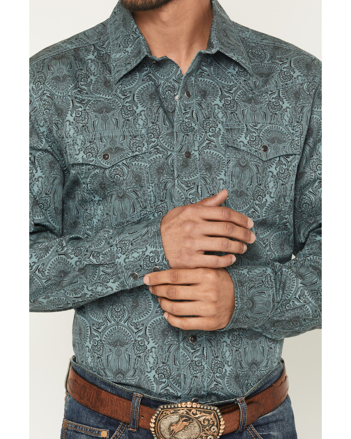 Image #3 - Wrangler Retro Men's Paisley Print Long Sleeve Snap Western Shirt, Teal, hi-res