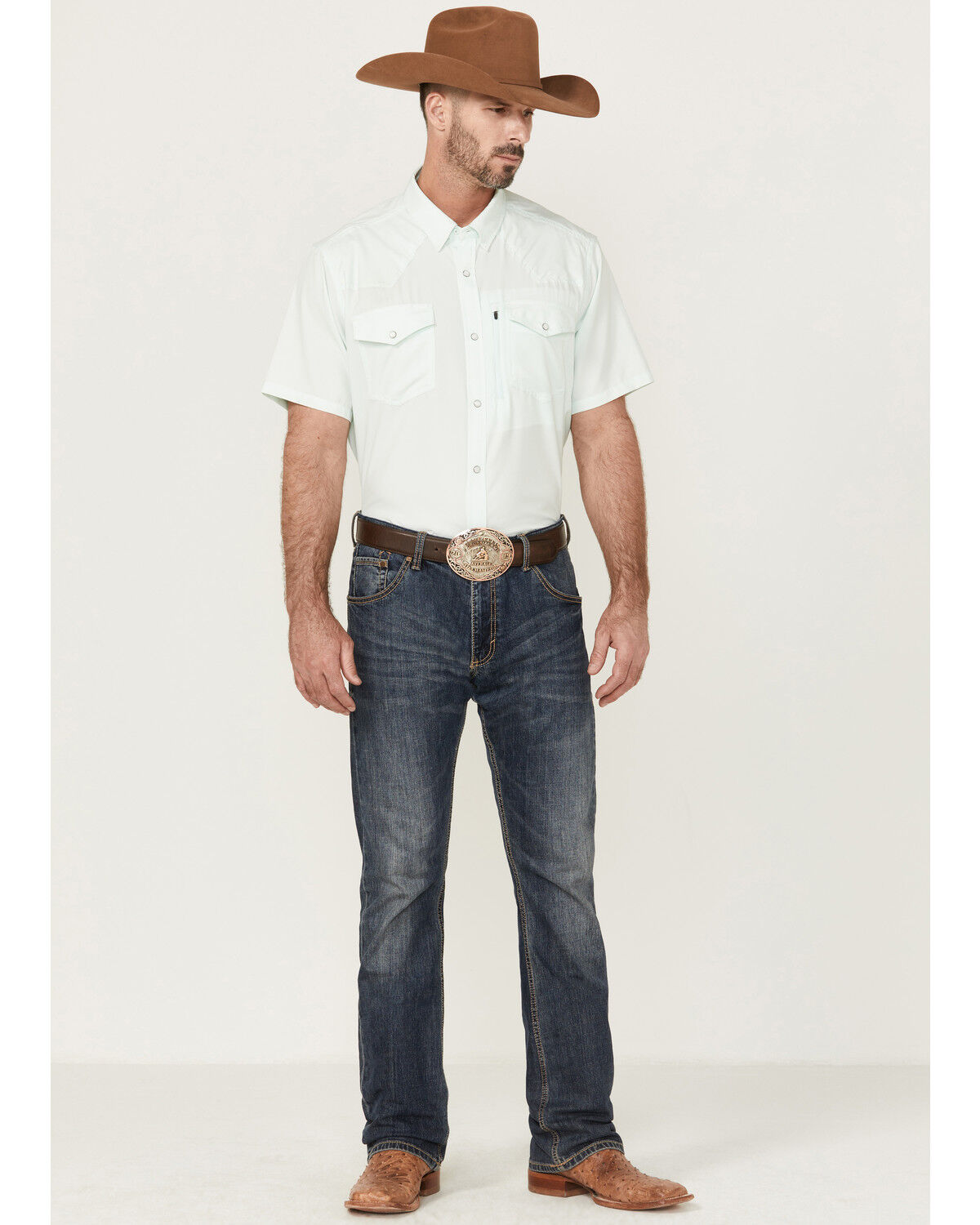 Image #2 - RANK 45® Men's 8 Seconds Short Sleeve Pearl Snap Western Tech Shirt, Aqua, hi-res