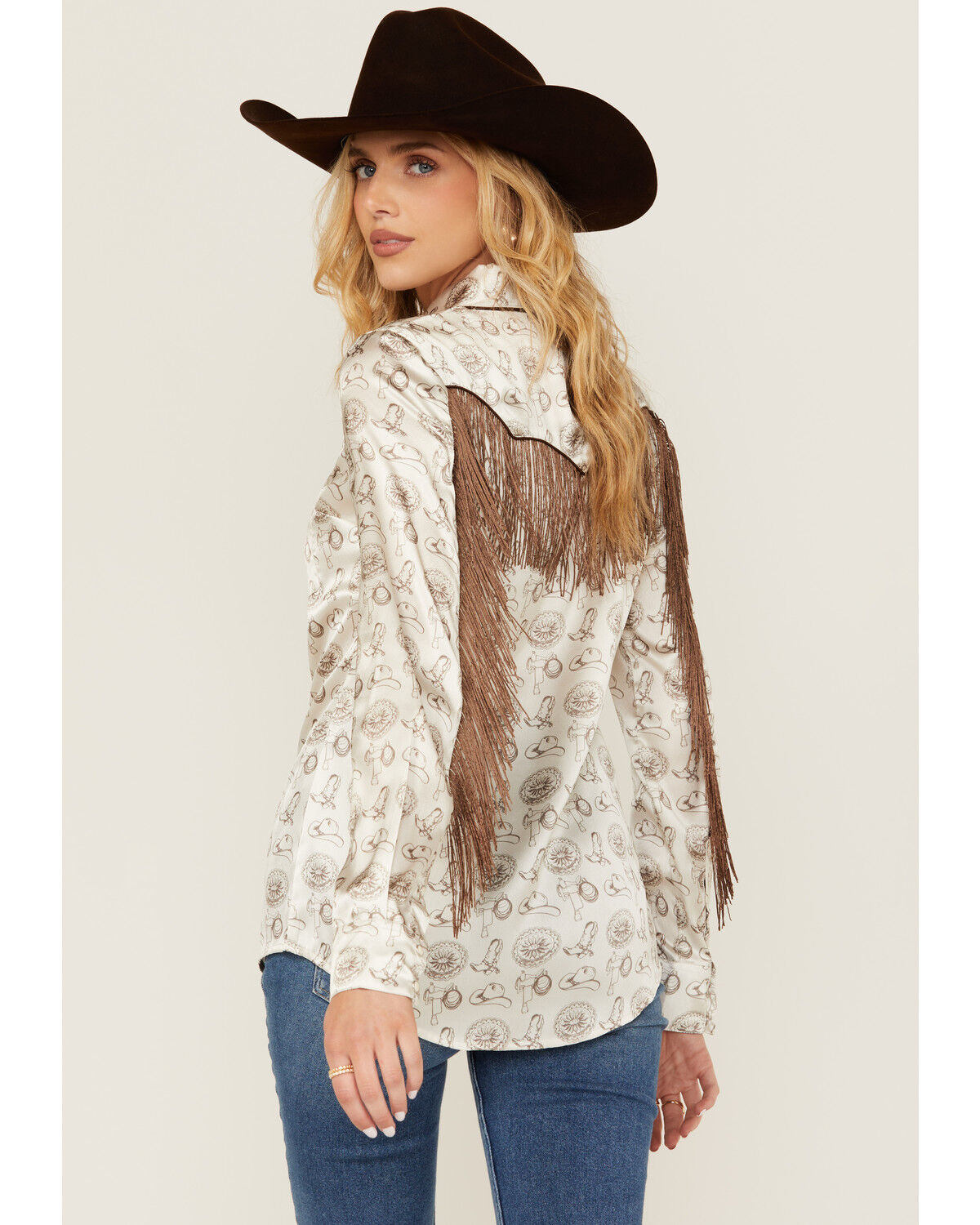 Image #4 - Rock & Roll Denim Women's Conversational Print Long Sleeve Fringe Snap Western Shirt, Black, hi-res