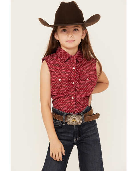 Image #1 - Ely Walker Girls' Geo Print Sleeveless Pearl Snap Western Shirt, Red, hi-res