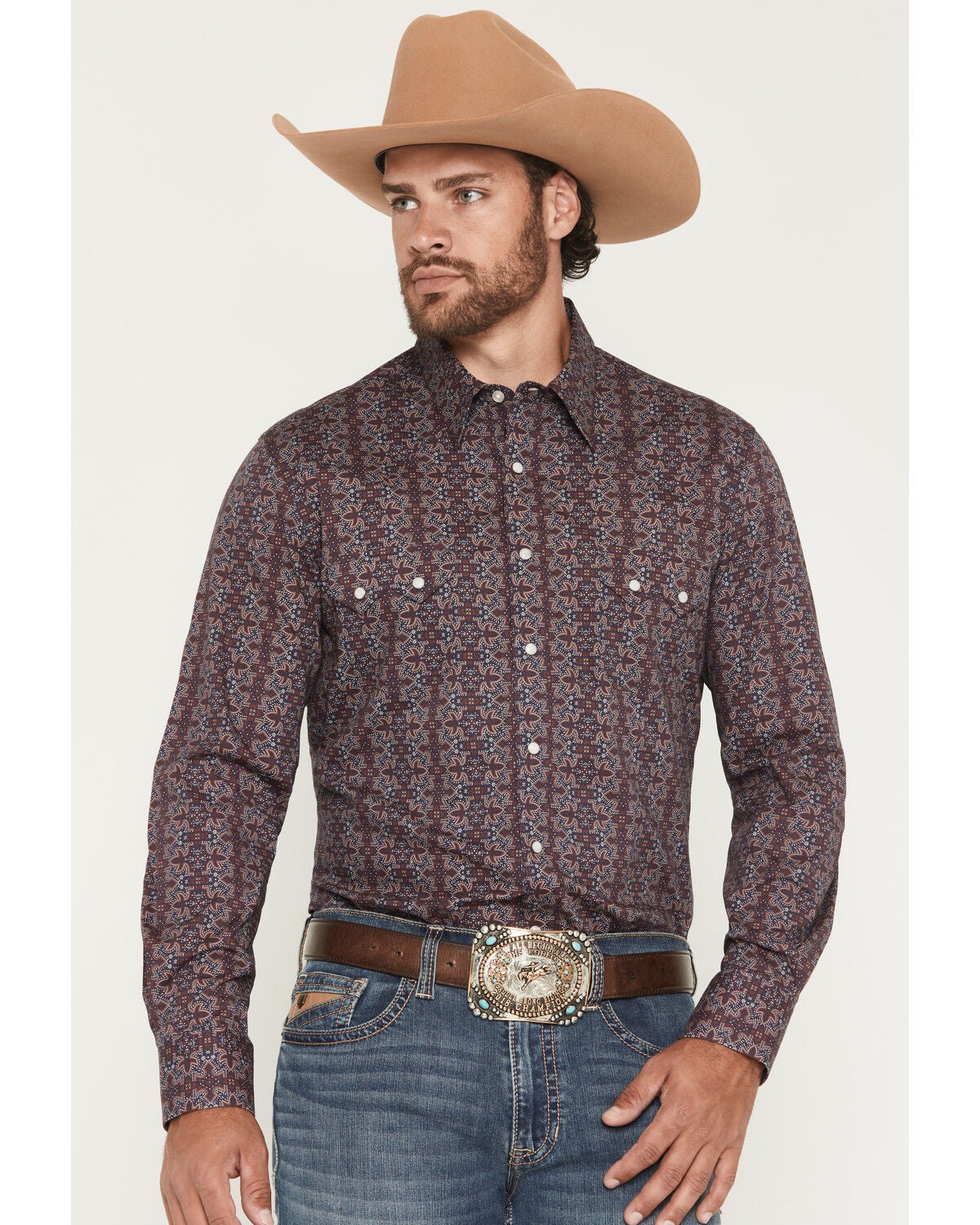 Image #1 - Rock & Roll Denim Men's Bootstitch Long Sleeve Snap Stretch Western Shirt, Burgundy, hi-res