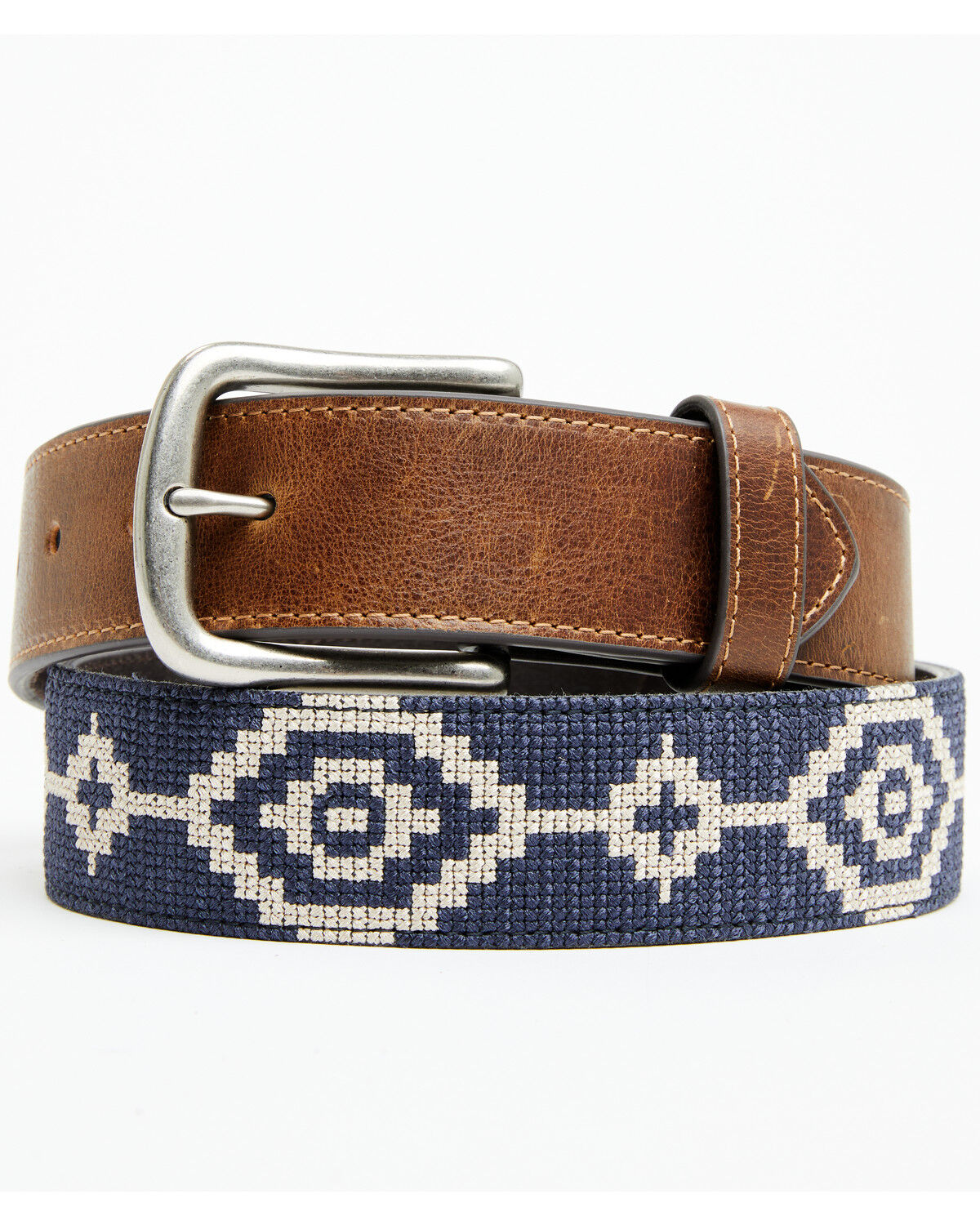 Image #1 - Cody James Men's Clayton Southwestern Cross Stich Leather Belt, Blue, hi-res
