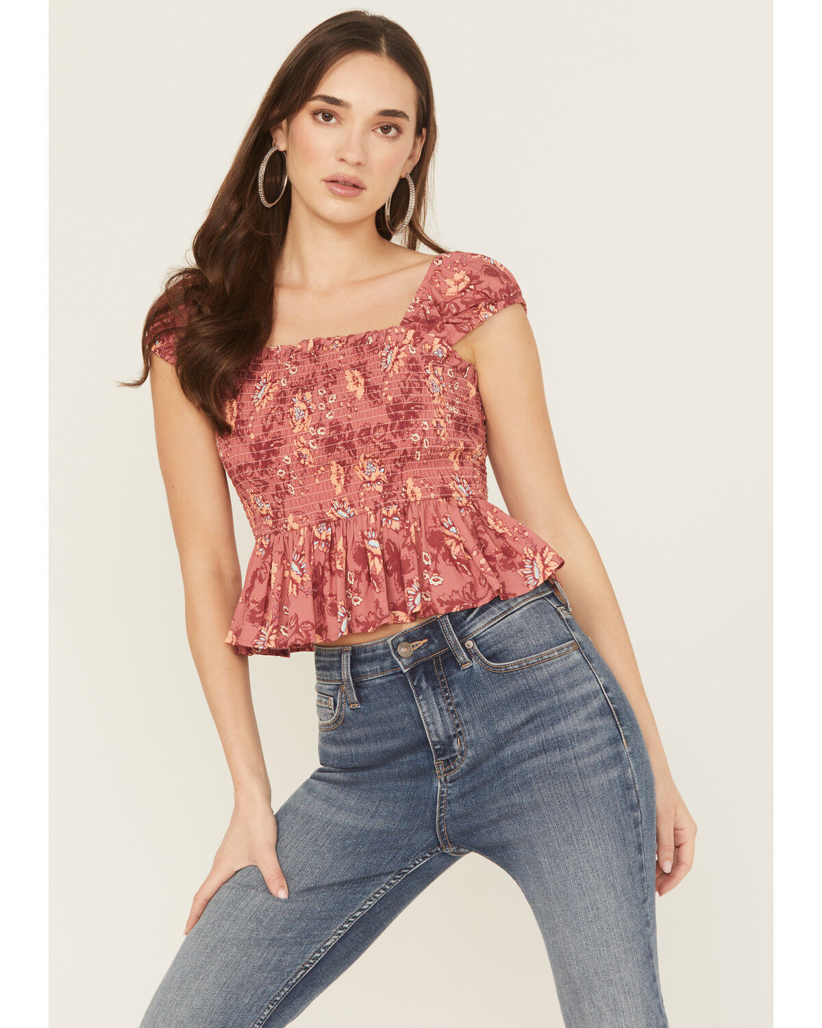 Image #1 - Rock & Roll Denim Women's Floral Print Sleeveless Smocked Top, Mauve, hi-res