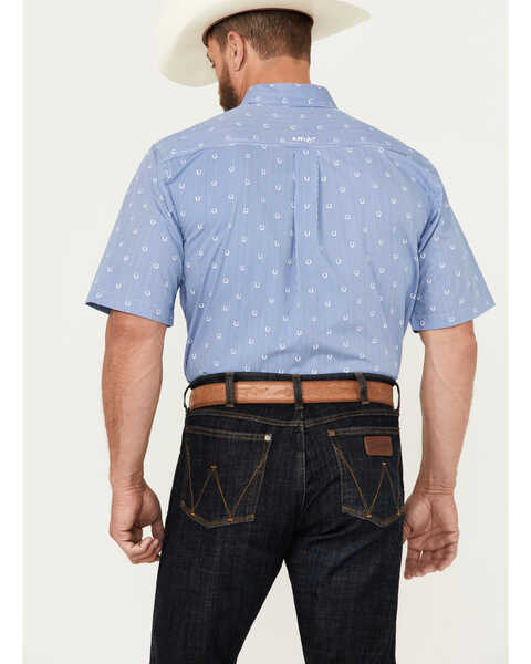 Image #4 - Ariat Men's Javier Horseshoe Striped Print Short Sleeve Button-Down Shirt - Tall, Blue, hi-res