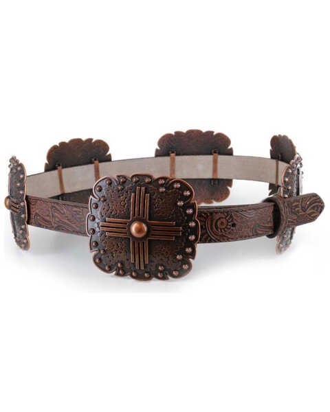 Angel Ranch Women's Brown Scalloped Concho Leather Belt , Brown, hi-res