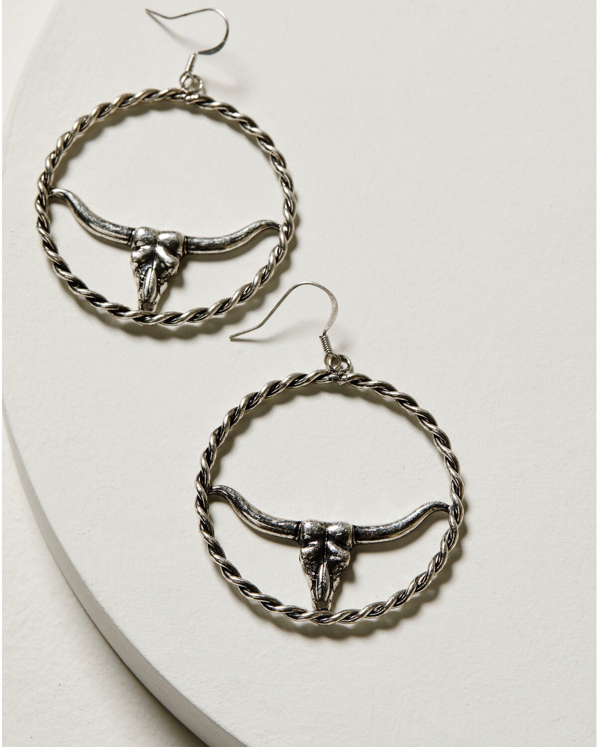 Image #2 - Idyllwind Women's Hillcrest Antique Longhorn Hoop Earrings, Silver, hi-res