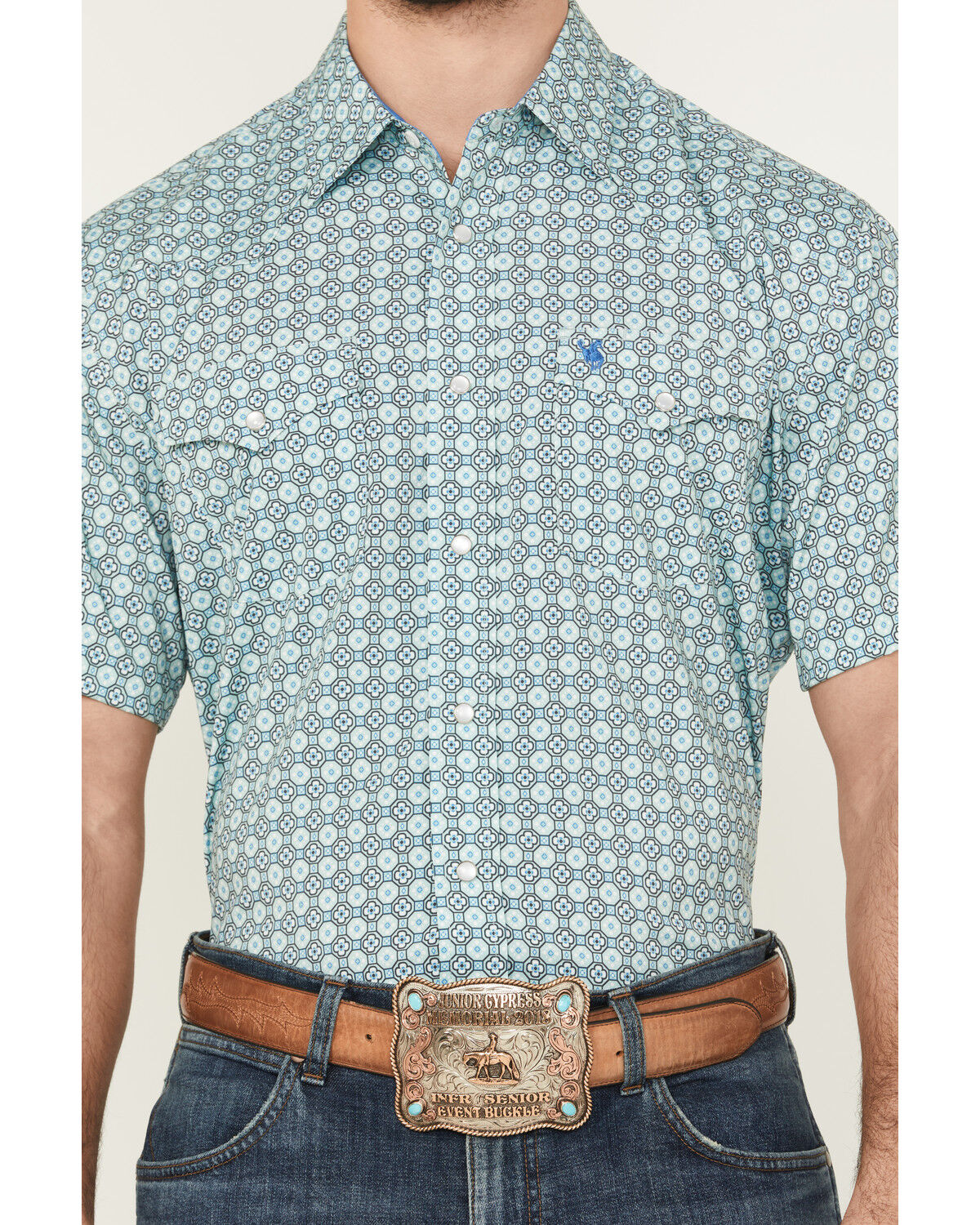 Image #3 - Rodeo Clothing Men's Geo Print Short Sleeve Pearl Snap Western Shirt, Aqua, hi-res