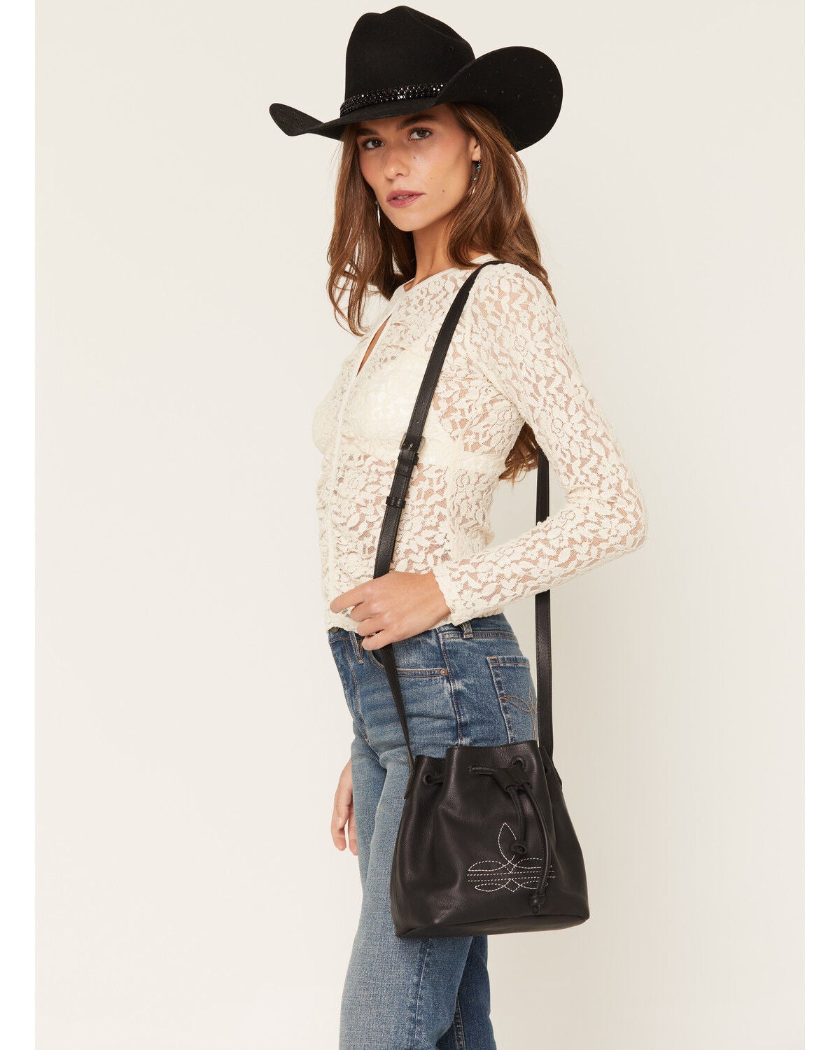 Image #1 - Shyanne Women's Bootstitch Crossbody Bucket Bag, Black, hi-res