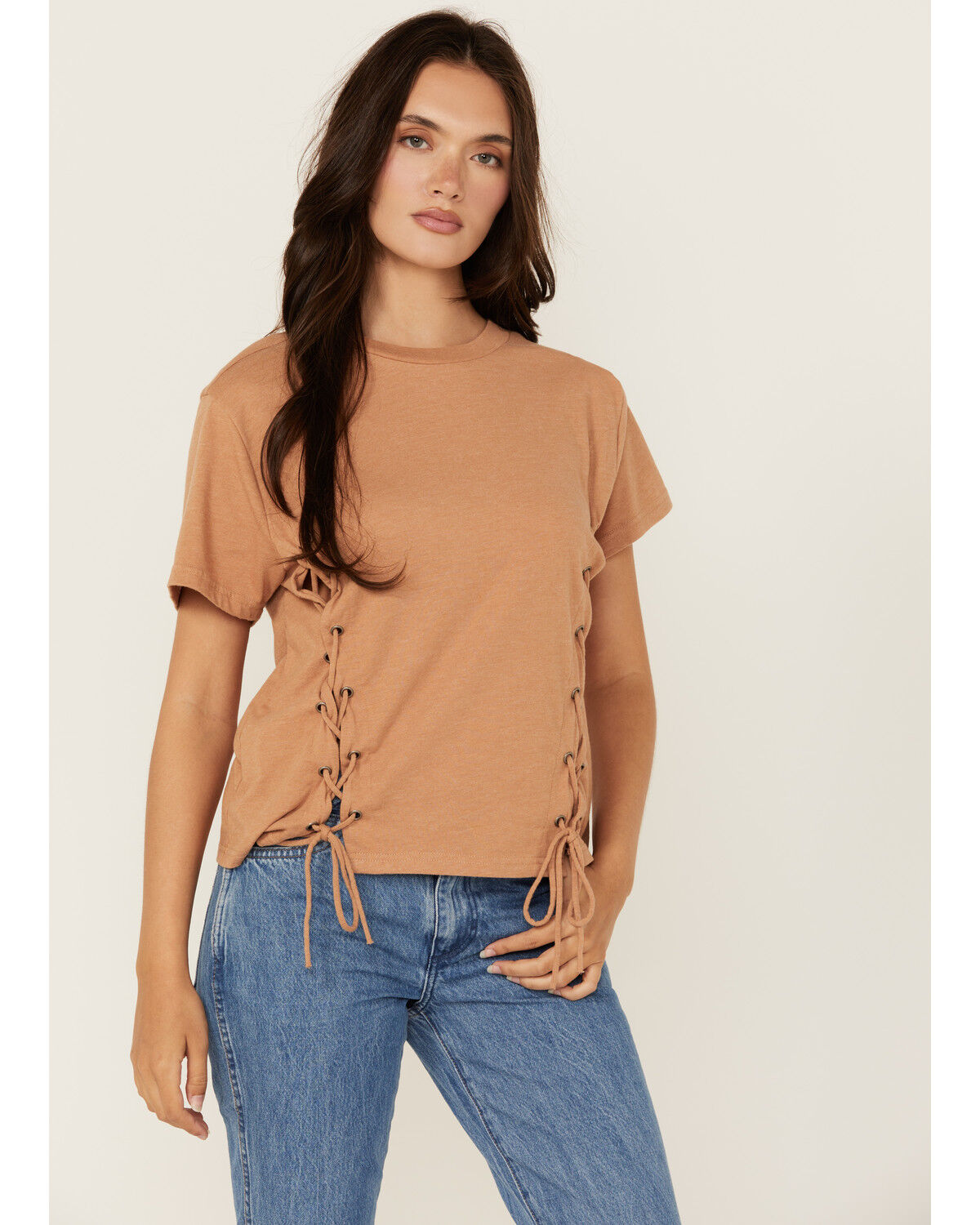 Image #1 - Blended Women's Side Lace-Up Short Sleeve Tee, Brown, hi-res