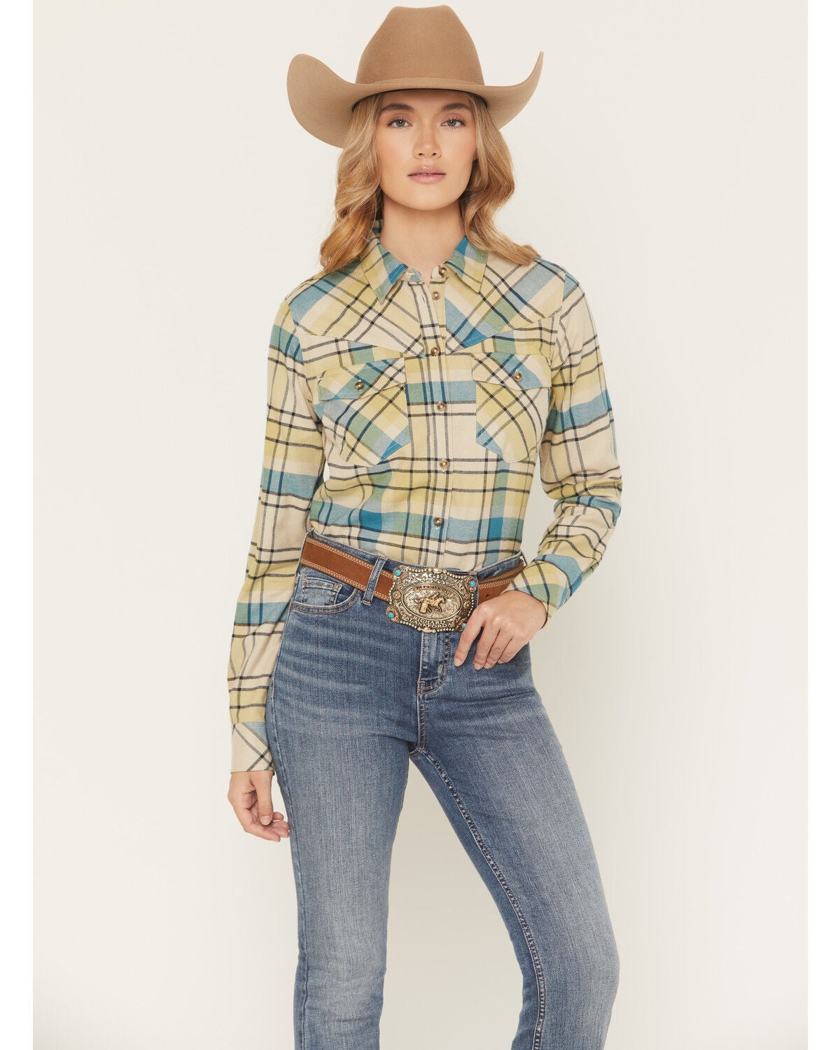 Shyanne Women's Plaid Print Long Sleeve Button-Down Flannel Shirt, Cream, hi-res