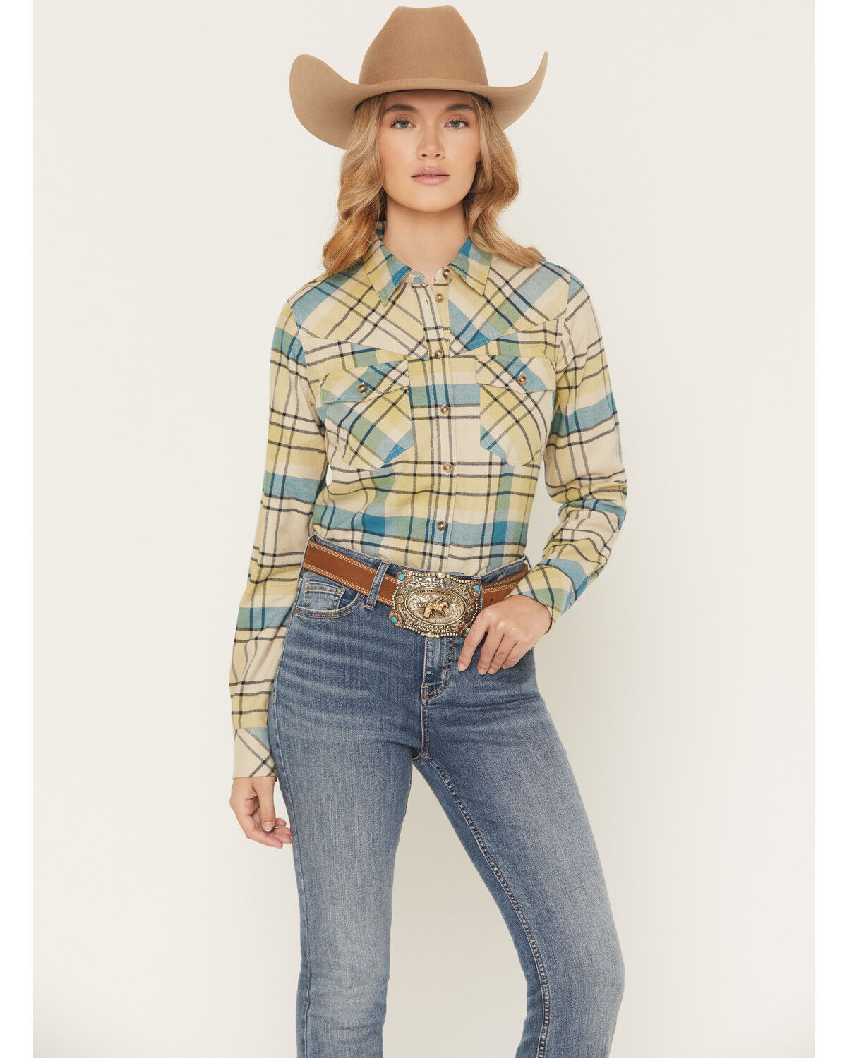 Image #1 - Shyanne Women's Plaid Print Long Sleeve Button-Down Flannel Shirt, Cream, hi-res