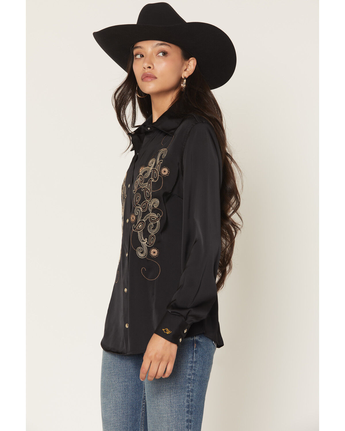 Image #2 - Wrangler X Lainey Wilson Women's Paisley Embroidered Long Sleeve Snap Satin Western Shirt, Black, hi-res