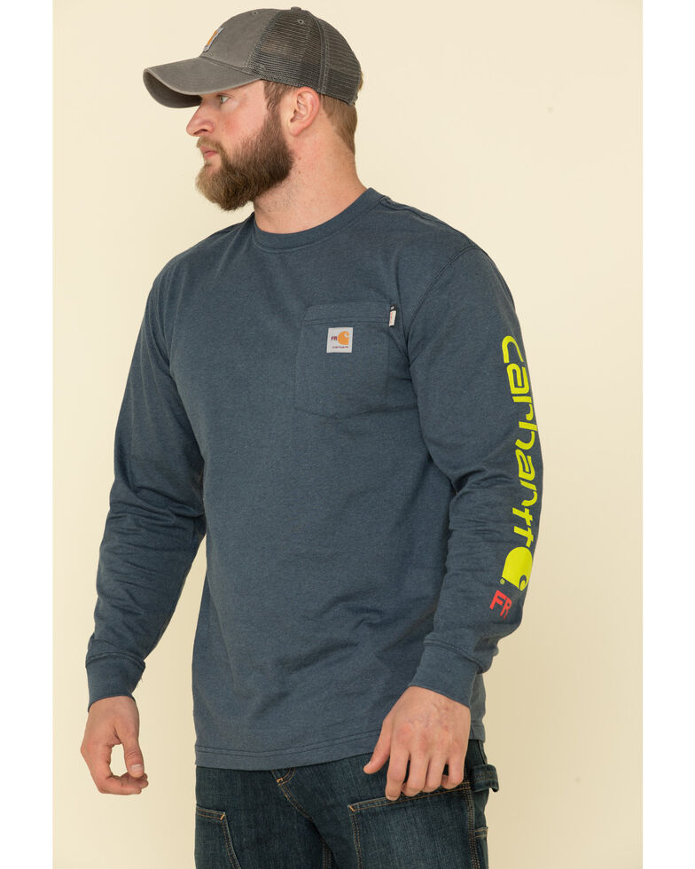Carhartt Men's M-FR Midweight Signature Logo Long Sleeve Work Shirt, Navy, hi-res