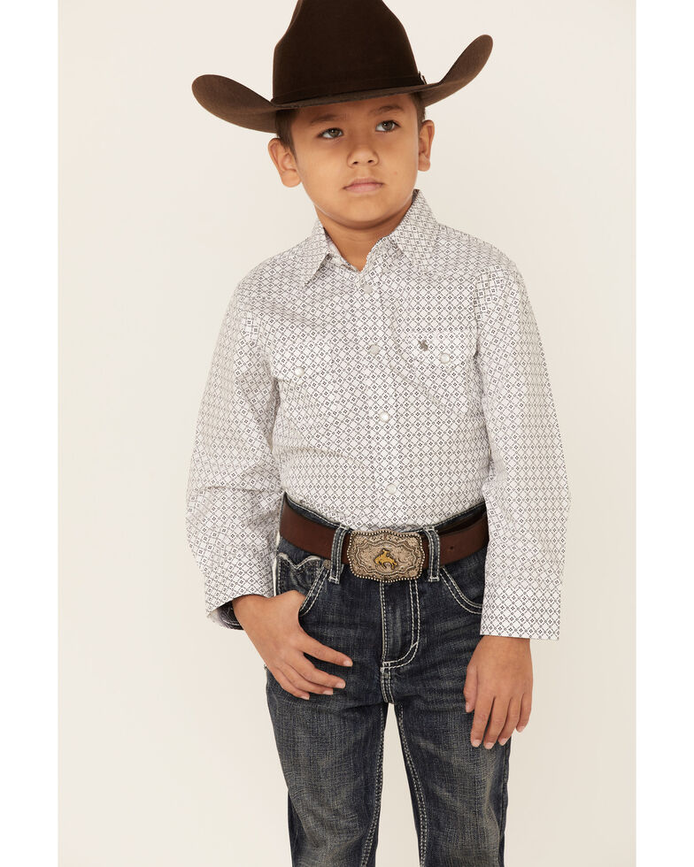 Rodeo Clothing Boys' Dot Geo Print Long Sleeve Snap Western Shirt - White , White, hi-res