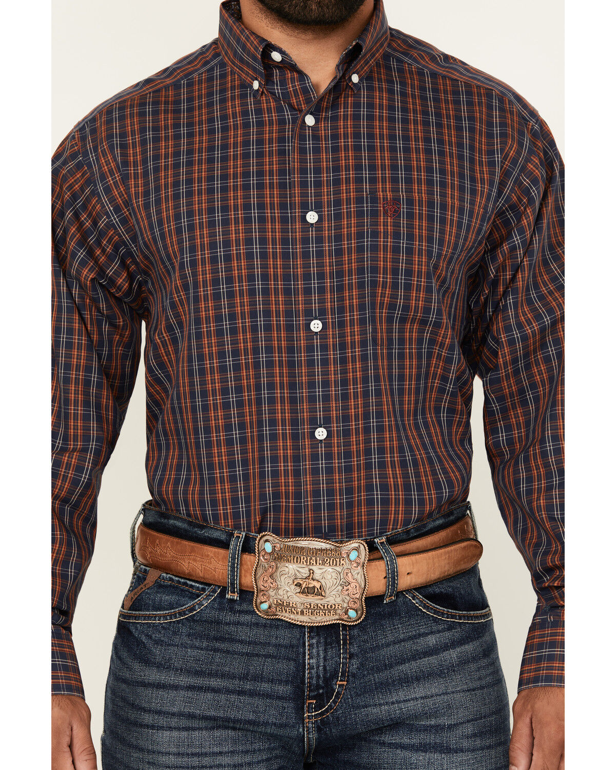 Image #3 - Ariat Men's Iker Plaid Print Long Sleeve Button-Down Western Shirt, Navy, hi-res